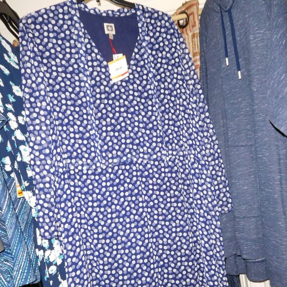 NWT 24W ANNE KLEIN FIT FLARE Eclipse/white Print Tie-waist Drawstring Midi Dress - Picture 1 of 11